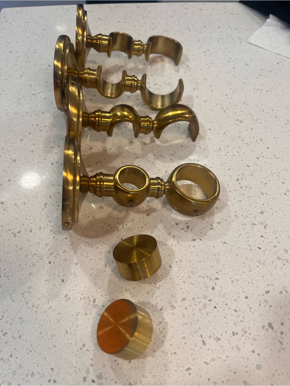 Restoration Hardware Brushed Brass Double Curtain Rod Brackets and finnials